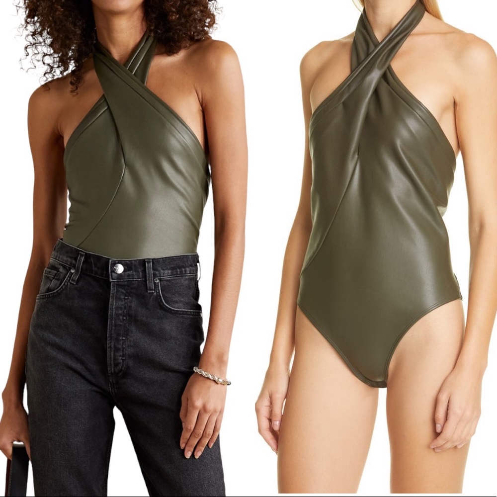 Alix NYC Faux Leather Bodysuit Halter Thong Olive Green L 8/10 NWT - Picture 1 of 12